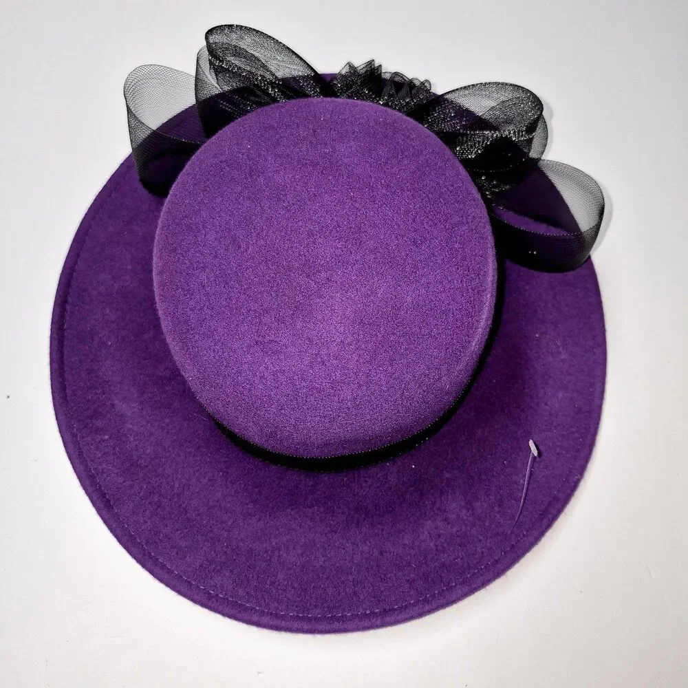 Mr John Signature Series Purple Wool Hat Arlin Black Mesh Bow Church Derby Y2K